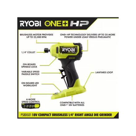 RYOBI 18V ONE+ HP Brushless Cordless Compact 1/4 in. Right Angle Die Grinder (Tool-Only)