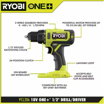 RYOBI 18V ONE+ Cordless 1/2 in. Drill/Driver Kit with (1) 1.5 Ah Battery and Charger