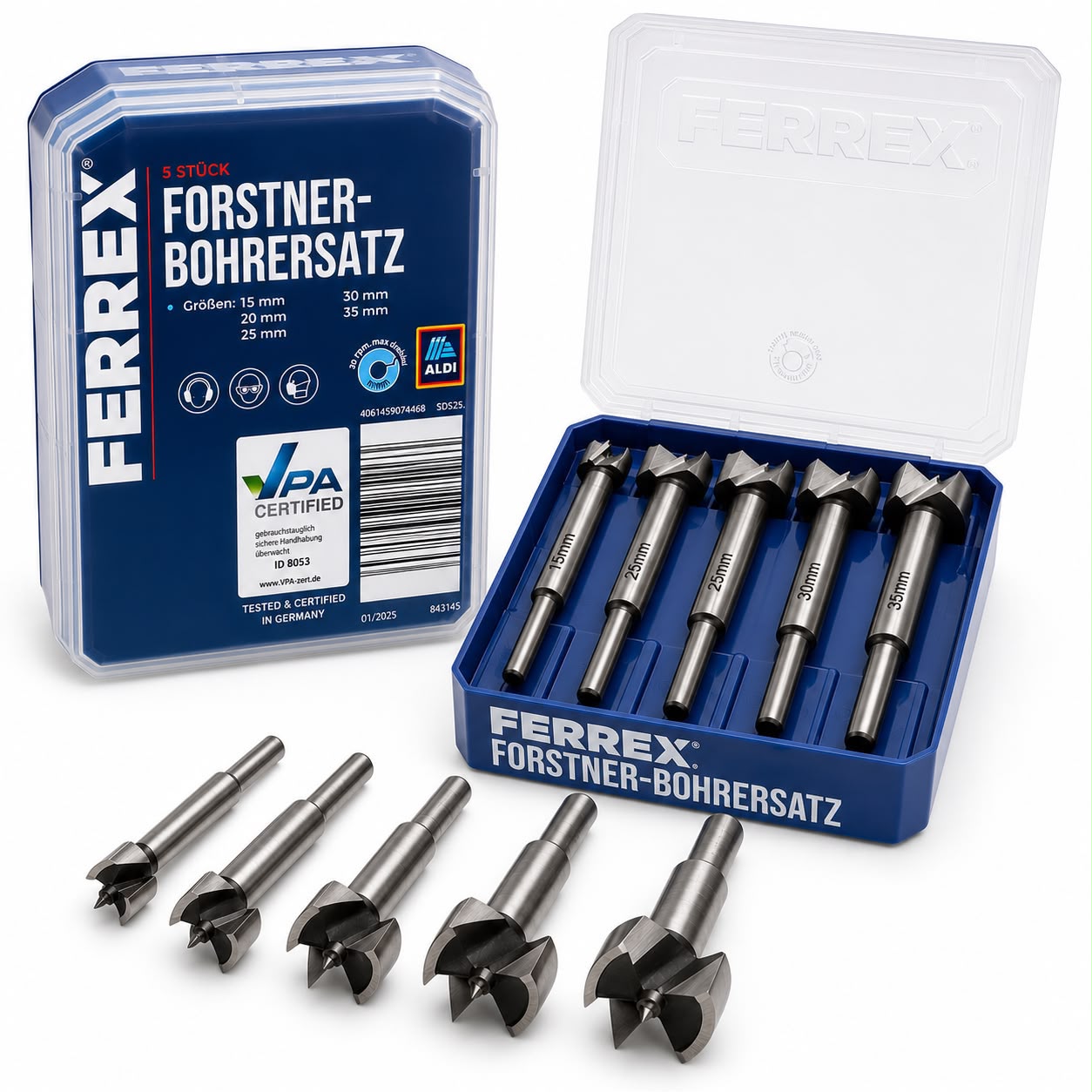 FERREX FORSTNER BOHRERSATZ 5 piece Drill Bit set wood boring Bit kit 15-35 mm