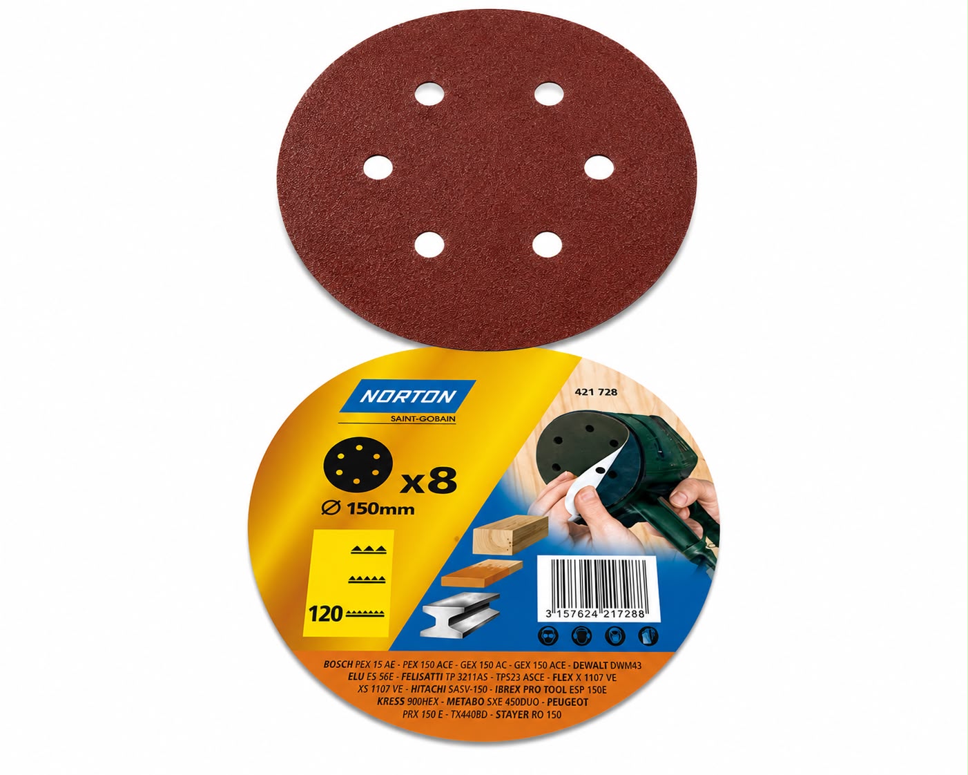 Velcro sanding disc 6 inch 120 grit 6 holes Norton