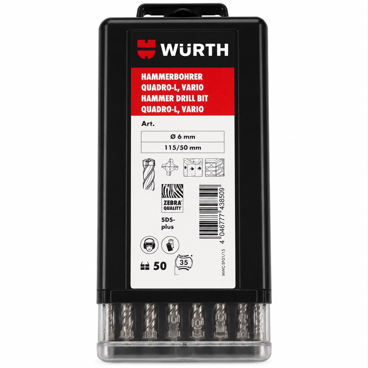 Würth Quadro-L Vario SDS-Plus Hammer Drill Bit Set – 6 mm × 115 mm (50 Pieces same size). 1 pack