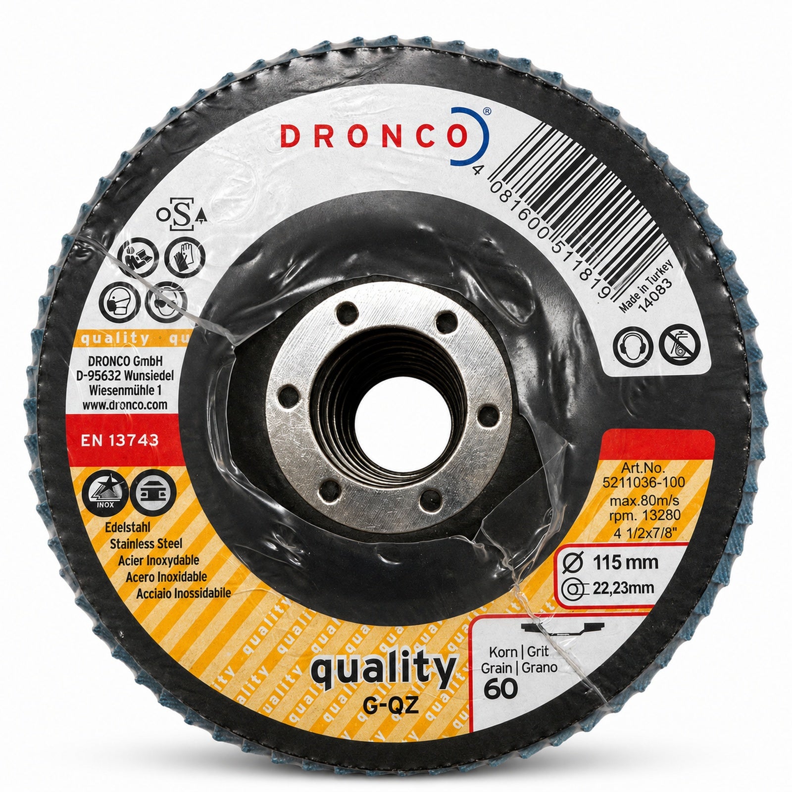 DRONCO Zirconium Flap Disc – 115 mm (4-1/2") x 22.2 mm - 60 Grit