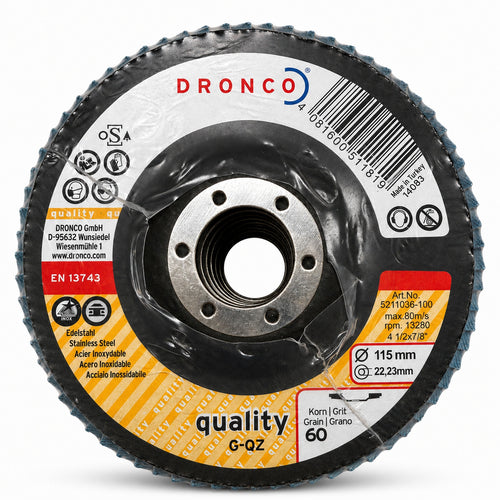 DRONCO Zirconium Flap Disc – 115 mm (4-1/2") x 22.2 mm - 60 Grit