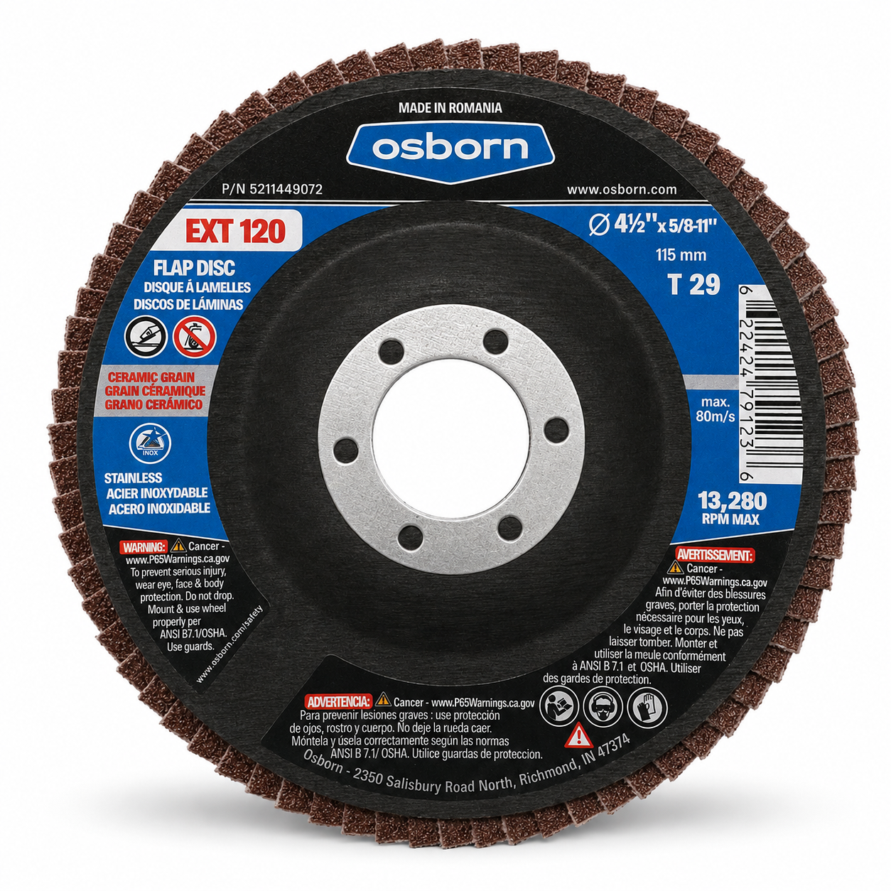 OSBORN Ceramic Flap Disc – 115 mm (4-1/2") x 22.2 mm - 120 Grit