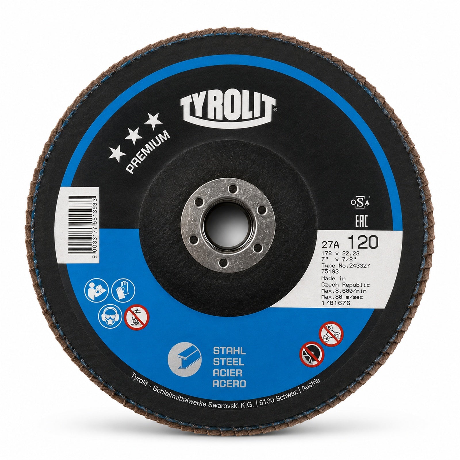 TYROLIT Aluminum Oxide Flap Disc – 180 mm (7") x 22.2 mm - 120 Grit